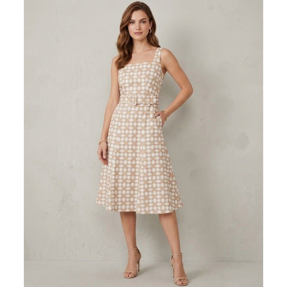 NWT Ann Taylor Rattan Print Belted Flare Dress Tan White Square Neck Size 6 NEW